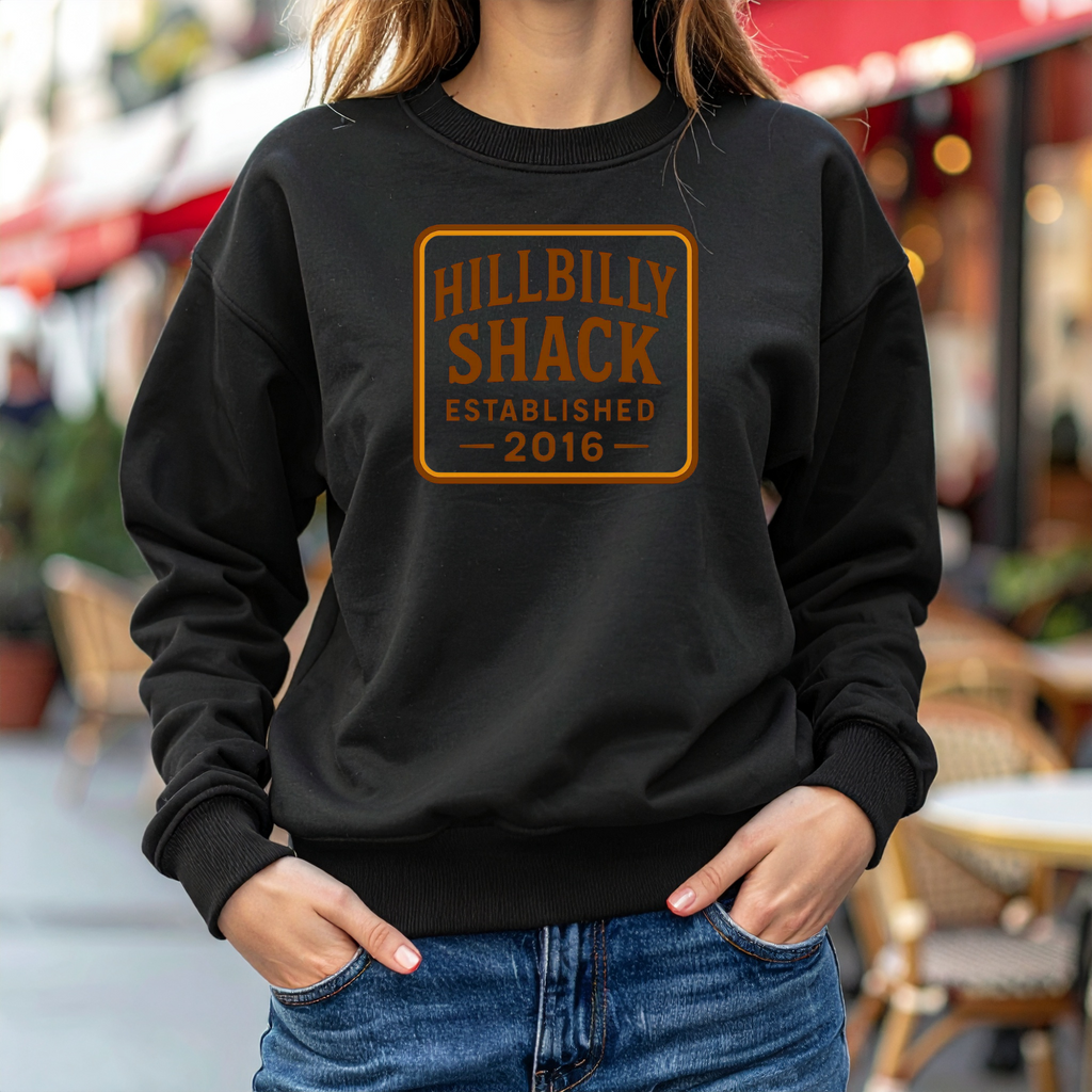 "Hillbilly Shack Established 2016" Rustic Logo Crewneck