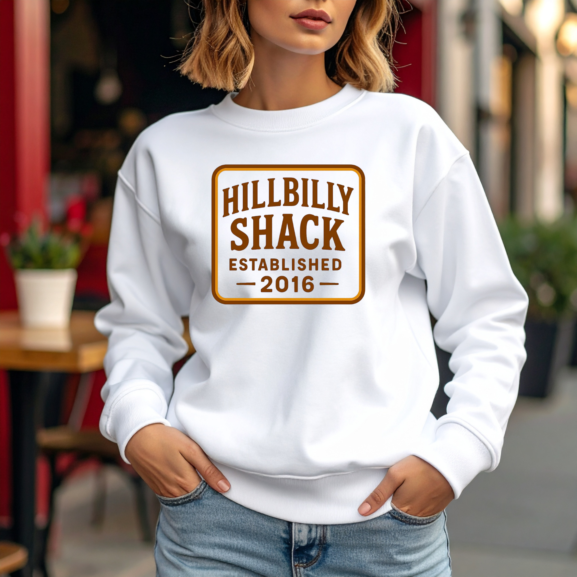 "Hillbilly Shack Established 2016" Rustic Logo Crewneck