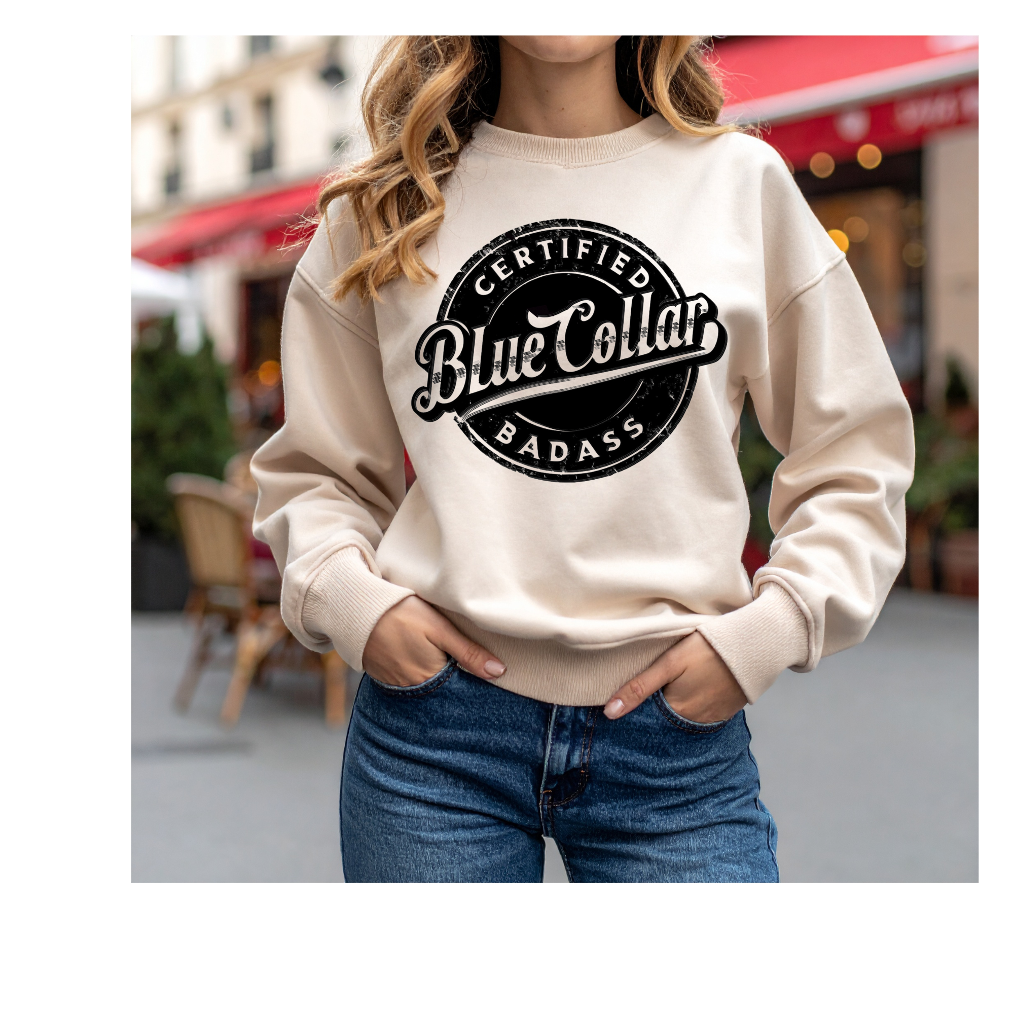 "Certified Blue Collar Badass" Vintage Badge-Crewneck