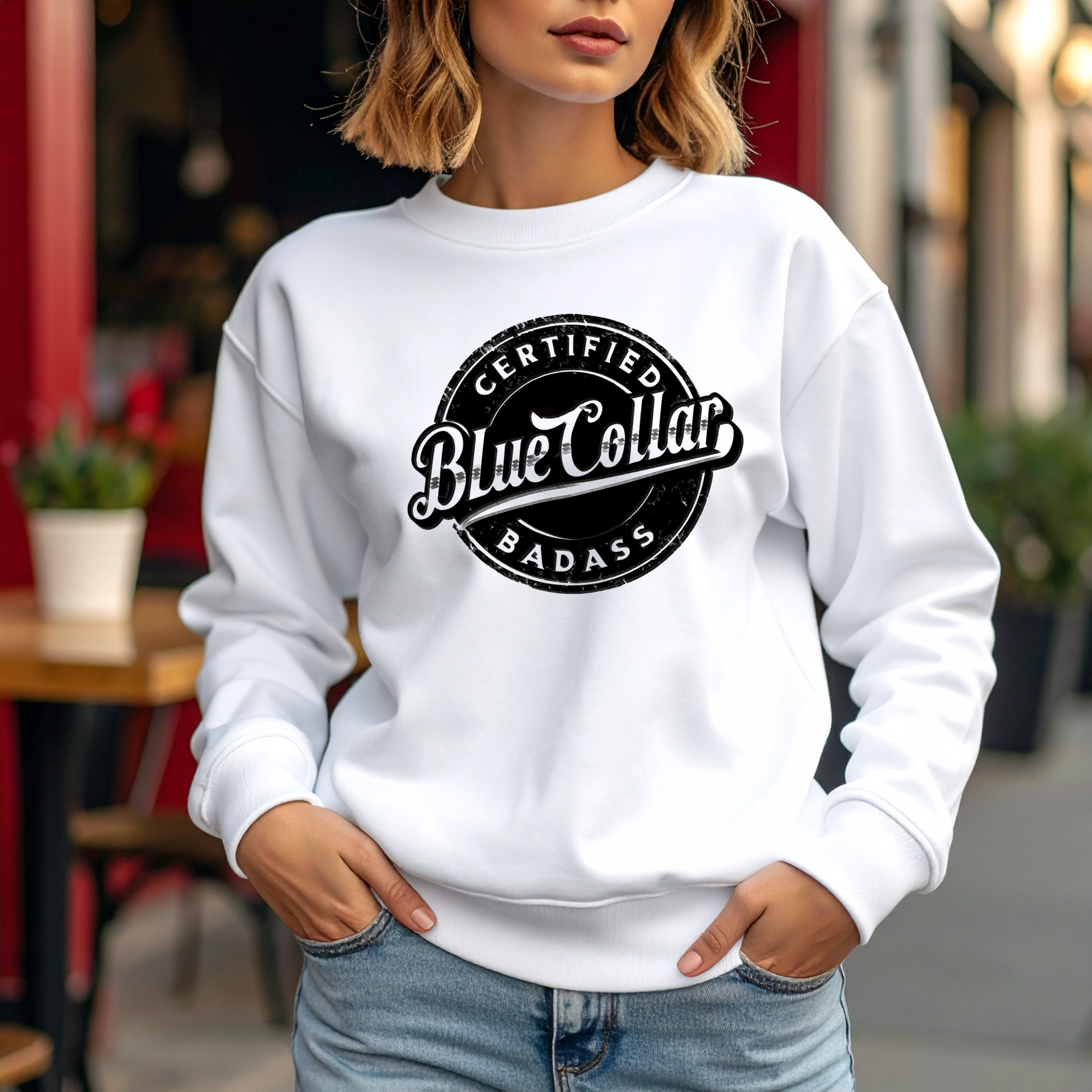"Certified Blue Collar Badass" Vintage Badge-Crewneck